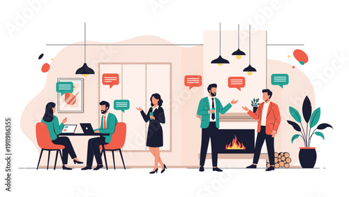 Diverse group of people socializing and talking in a modern lounge area featuring a cozy fireplace and comfortable seating arrangements.