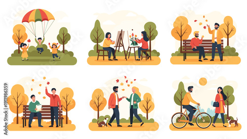 Set of six autumn park scenes showing people painting, cycling, walking dogs, and enjoying the falling leaves on a crisp fall day.