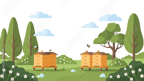 Rows of wooden beehives settled in a lush green meadow with bees flying around during a bright day at an apiary in the countryside.