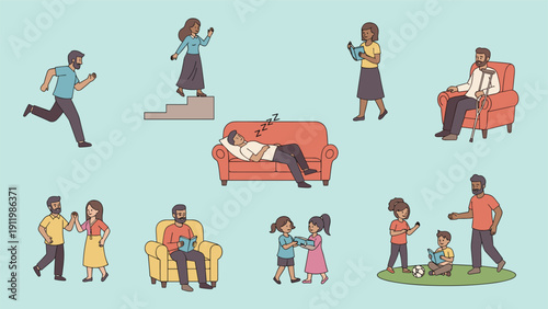 People of different ages engaging in everyday home activities like reading, sleeping, playing, and relaxing in their living rooms.