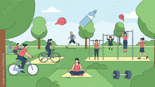 People engaging in various fitness activities like cycling, running, and bodyweight exercises in a public park on a beautiful day.