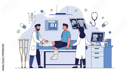 Medical team of doctors and nurses examining a male patient with a broken leg in a hospital room with x-rays and medical equipment.