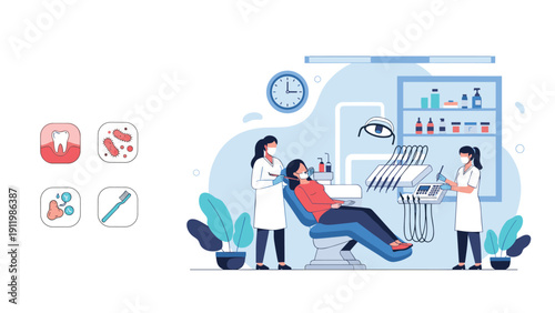 Professional dental team performing a checkup on a patient in a modern clinic with various dental health icons displayed on the side.