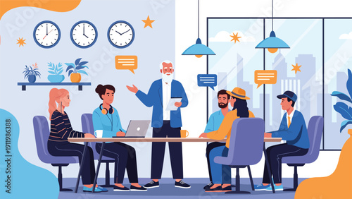 Senior businessman leading a productive team meeting with young diverse professionals in a bright modern office with a city view.