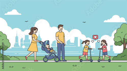 Young family with children enjoying a leisure walk in a city park with a baby stroller and kids riding colorful kick scooters.