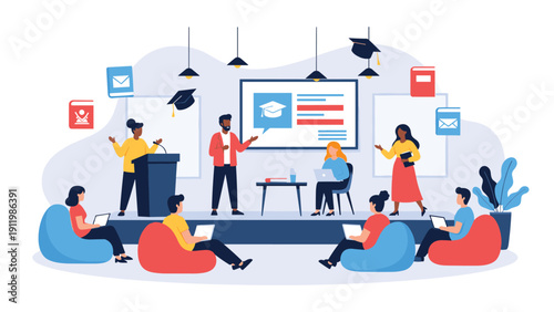 Students attending an educational seminar or workshop with presenters on a stage and various academic icons floating in the background.