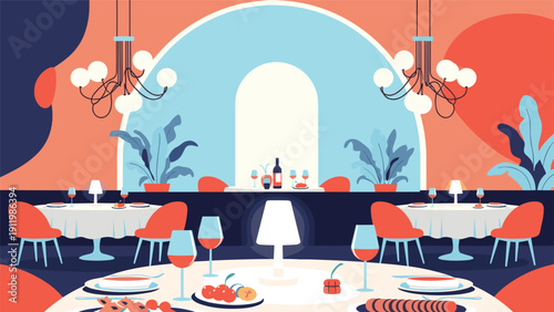 Elegant fine dining restaurant interior featuring perfectly set tables with glasses and dim romantic lighting for an evening meal.