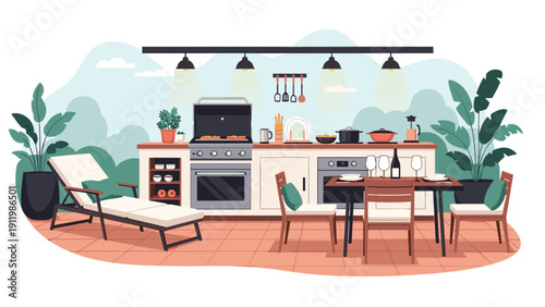 Luxurious outdoor kitchen setup on backyard patio with barbecue grill, dining furniture, and relaxing lounge chair near green plants.