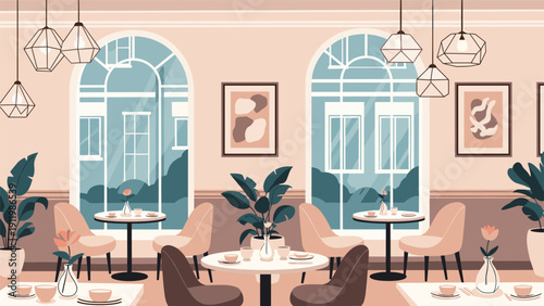 Sophisticated restaurant dining room interior with arched windows overlooking city street, stylish furniture, and warm lighting.