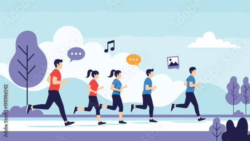 Group of active people jogging through scenic park environment with icons representing music and social interaction during exercise.