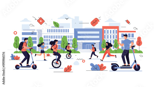 Diverse group of people using eco friendly urban transportation including electric scooters and unicycles on modern city street.