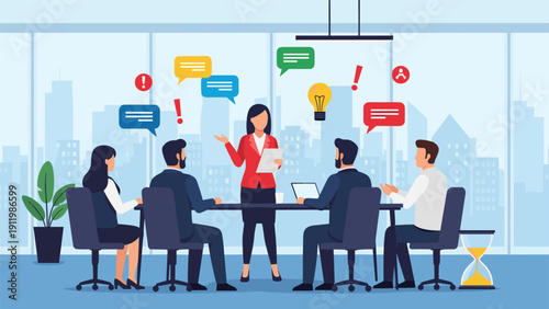 Successful business woman leading board meeting in high rise corporate office with panoramic city skyline view through windows.