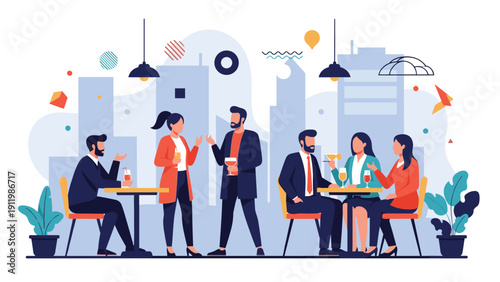 Modern urban bar setting where people are socializing and drinking cocktails against a stylized city skyline background.