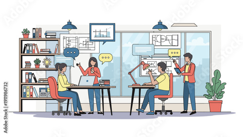 Creative team of colleagues working together in a bright office environment to discuss projects and analyze business data.