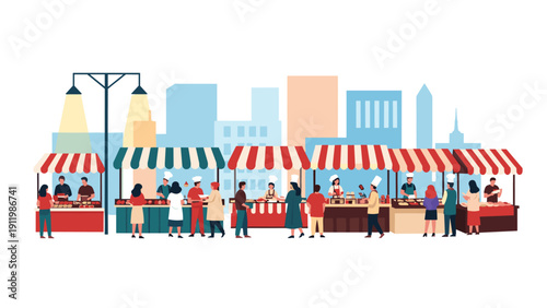 Busy outdoor street food market featuring multiple stalls with vendors serving customers in a vibrant city environment.