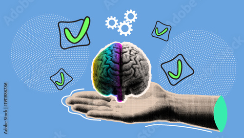 Pop art halftone style colorful brain half black and white held on palm with check marks and gears on blue background creative cognitive concept
