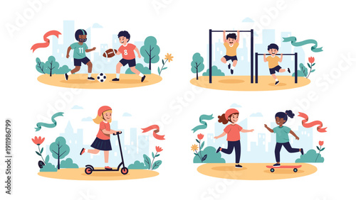 Collection of active children playing various sports and activities including football, pull-up bars, scooter, and skateboard.
