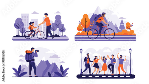 Group of active people enjoying various outdoor hobbies like mountain biking, hiking, photography, and walking in nature.