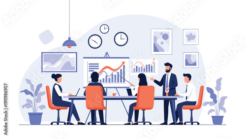 Corporate team meeting where colleagues gather around a table to analyze business performance charts on a whiteboard.