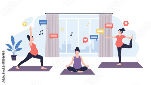 Group of pregnant women practicing prenatal yoga and meditation in a bright studio with soft music and calm atmosphere.