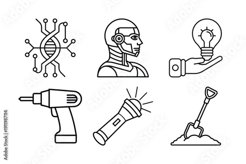 Wallpaper Mural Mixed Line Art Icon Set Featuring Biotechnology, Robotics, Innovation, and Construction Tools
 Torontodigital.ca