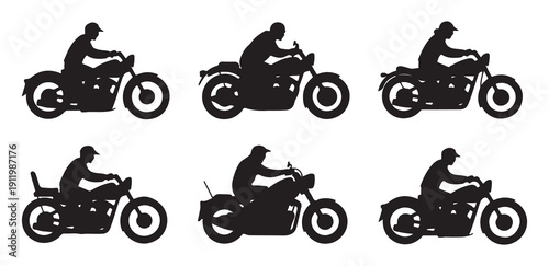 Classic motorcycle rider silhouettes collection showing vintage styles and cap wearing bikers on bikes