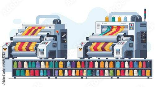 Industrial textile factory with modern printing machinery producing rolls of colorful fabric and organized spools of thread.