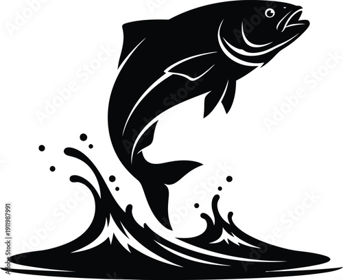 A black and white illustration of a fish jumping out of water