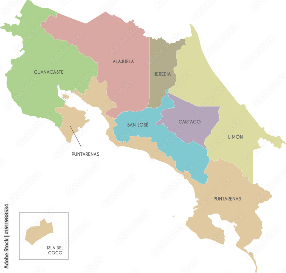 Fototapeta premium Vector map of Costa Rica with regions or territories and administrative divisions. Editable and clearly labeled layers.