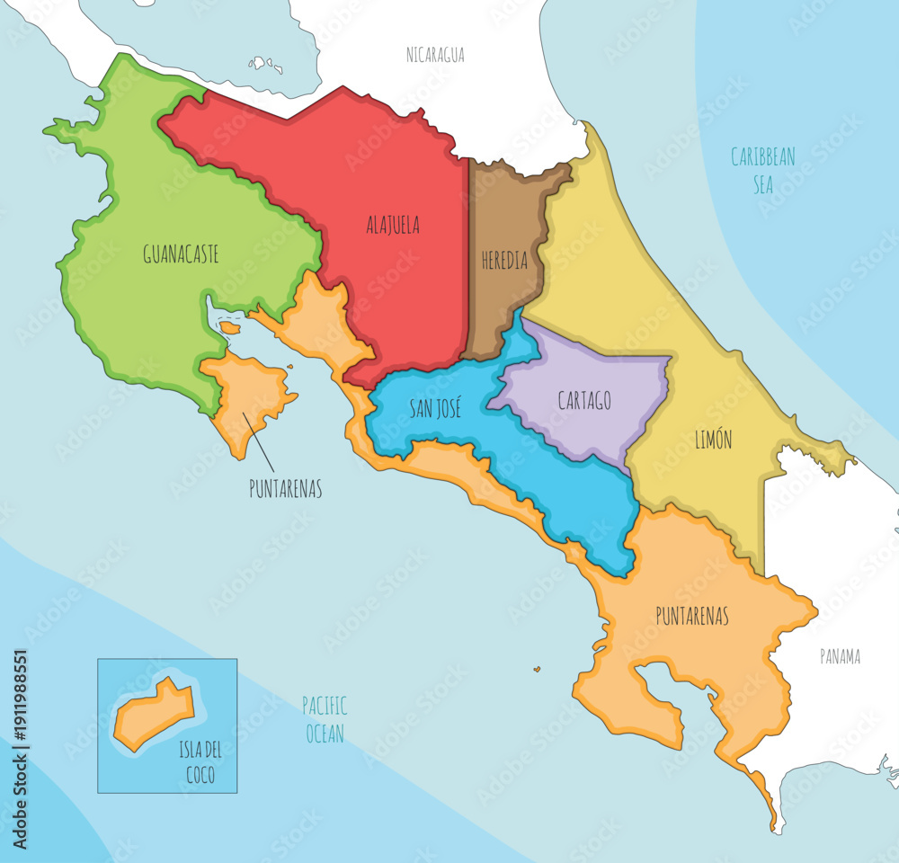 Naklejka premium Vector illustrated map of Costa Rica with regions and administrative divisions, and neighbouring countries and territories. Editable and clearly labeled layers.