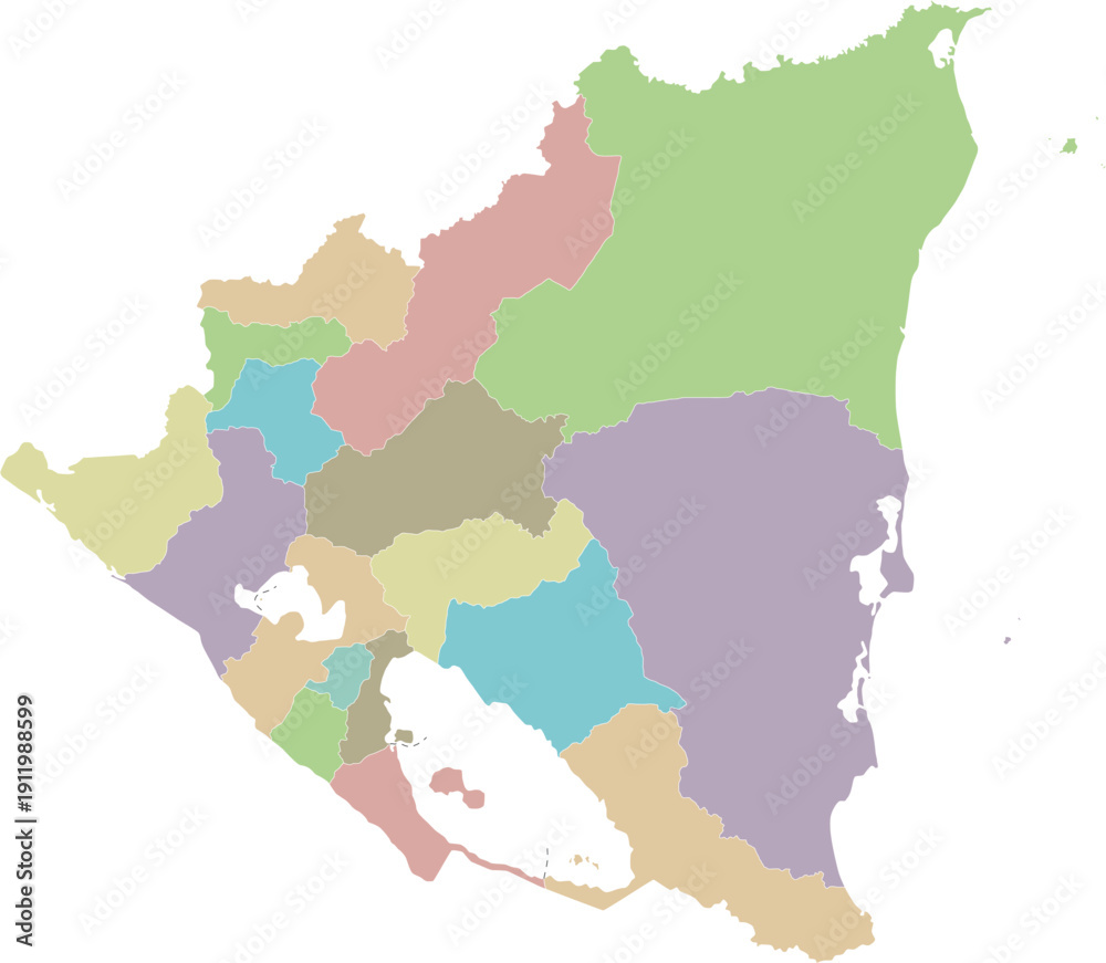 Obraz premium Vector blank map of Nicaragua with departments, autonomous regions and administrative divisions. Editable and clearly labeled layers.