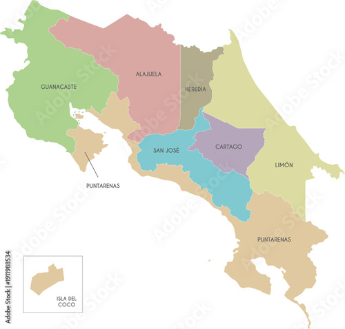 Vector map of Costa Rica with regions or territories and administrative divisions. Editable and clearly labeled layers.