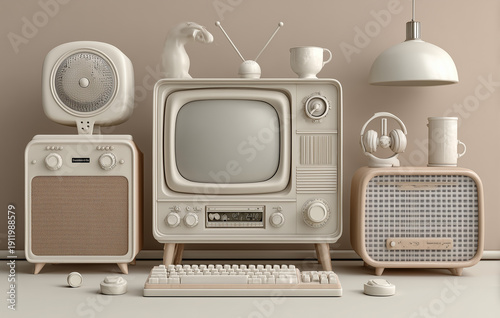 Minimal beige aesthetic composition featuring vintage television, retro radio and classic electronics. C