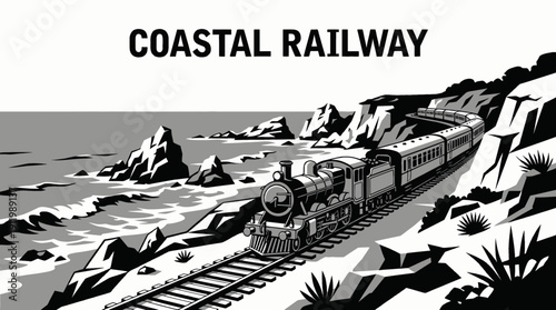 train railway track landscape running along ocean coastline with passenger locomotive transport infrastructure beside water horizon showing travel journey transit motion freight environment