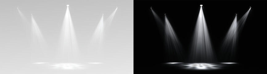 Creative illustration of bright lighting spotlights set, light sources isolated on transparent background. Art design beam for concert, scene illumination. Abstract concept graphic element overlay