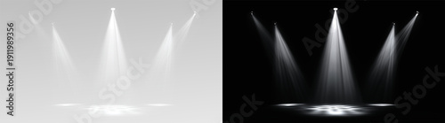 Foto Creative illustration of bright lighting spotlights set, light sources isolated on transparent background