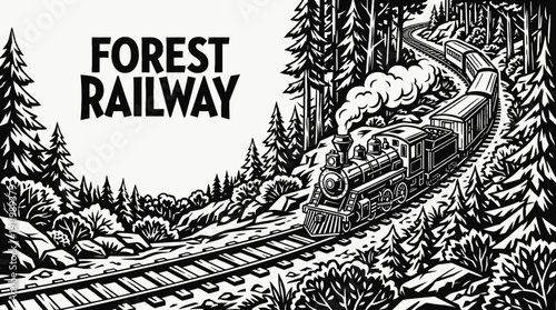 train railway track landscape passing dense forest terrain with locomotive transport infrastructure through tree lined rail horizon showing travel journey transit motion