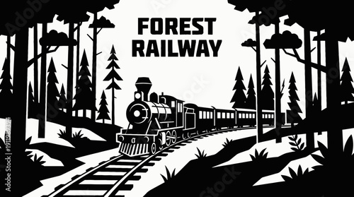 train railway track landscape passing dense forest terrain with locomotive transport infrastructure through tree lined rail horizon showing travel journey transit motion