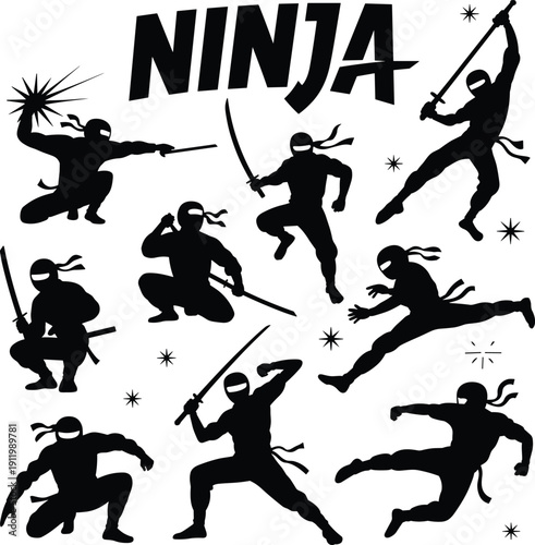 Ninja silhouettes in dynamic action poses, martial arts weapons, samurai sword, shuriken, combat stances, stealth fighters, bold typography, starburst effects