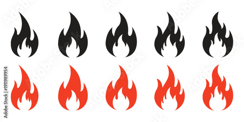 Fire icon collection, showcasing a set of fire flame vector icons with different shapes and modern graphic design styling
