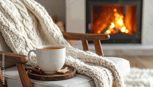 A cozy setting featuring a warm cup of tea resting on a wooden tray by a crackling fireplace