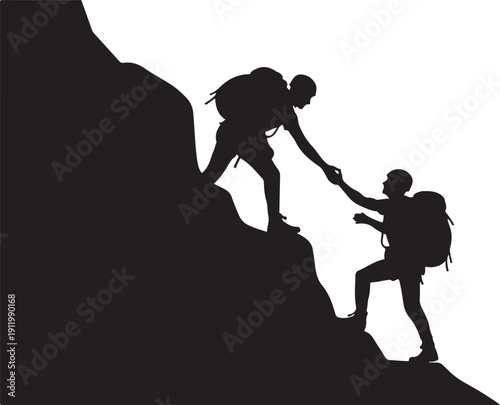 Two hikers assisting each other to climb a steep rock face together.