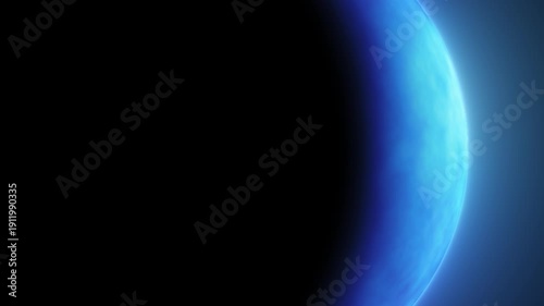 Abstract blue planet rim light loop with alpha channel. dark sphere silhouette with glowing atmosphere. Horizontal composition. sci-fi space background element with copy space for text or banner frame