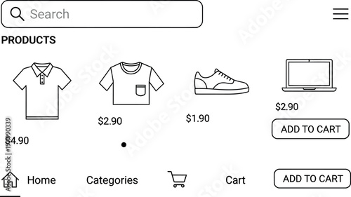 Minimalist black and white e-commerce mobile application interface concept showcasing product listings with icons prices and a functional navigation bar