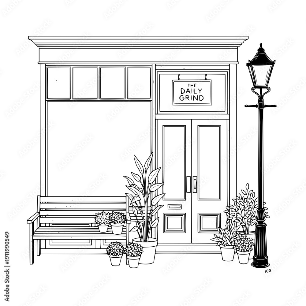 Fototapeta premium Cafe exterior with bench and plants vector illustration restaurant facade building