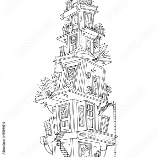 Whimsical multi-story house with balconies and staircases illustration line art