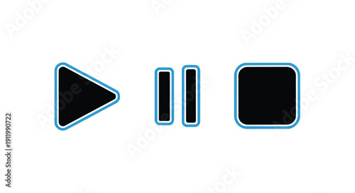 Black play pause and stop buttons with blue outlines