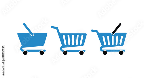Three blue shopping carts with black handles and wheels