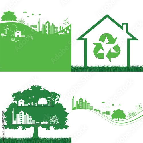 An eco friendly world. Collection. Happy family stories, ecology concepts, and saving the planet.