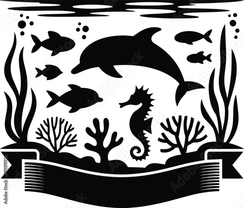Underwater scene silhouette with dolphin, fish, seahorse, coral reef, seaweed, bubbles, aquatic wildlife illustration, ocean design, blank ribbon banner
